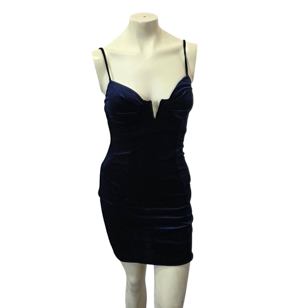 Studio 1011 Velvet Bodycon Mini Dress Blue Sparkle V Wire Party Club L USA